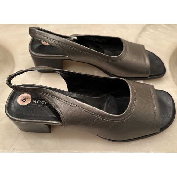 Rockport Leather Slingback Block Heel Sandals Metallic Pewter 8.5M NWOT - Picture 3 of 5